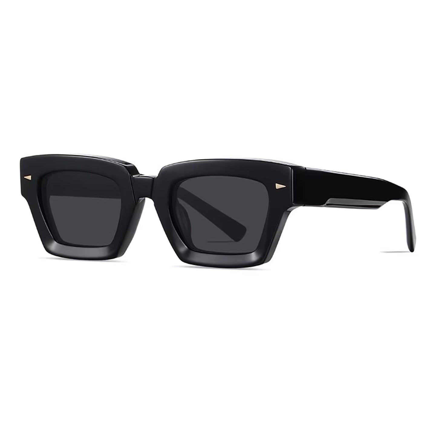 Chunky black high-fashion rectangular sunglasses with thick frames and minimalist gold accents – Noir Authority edition.
