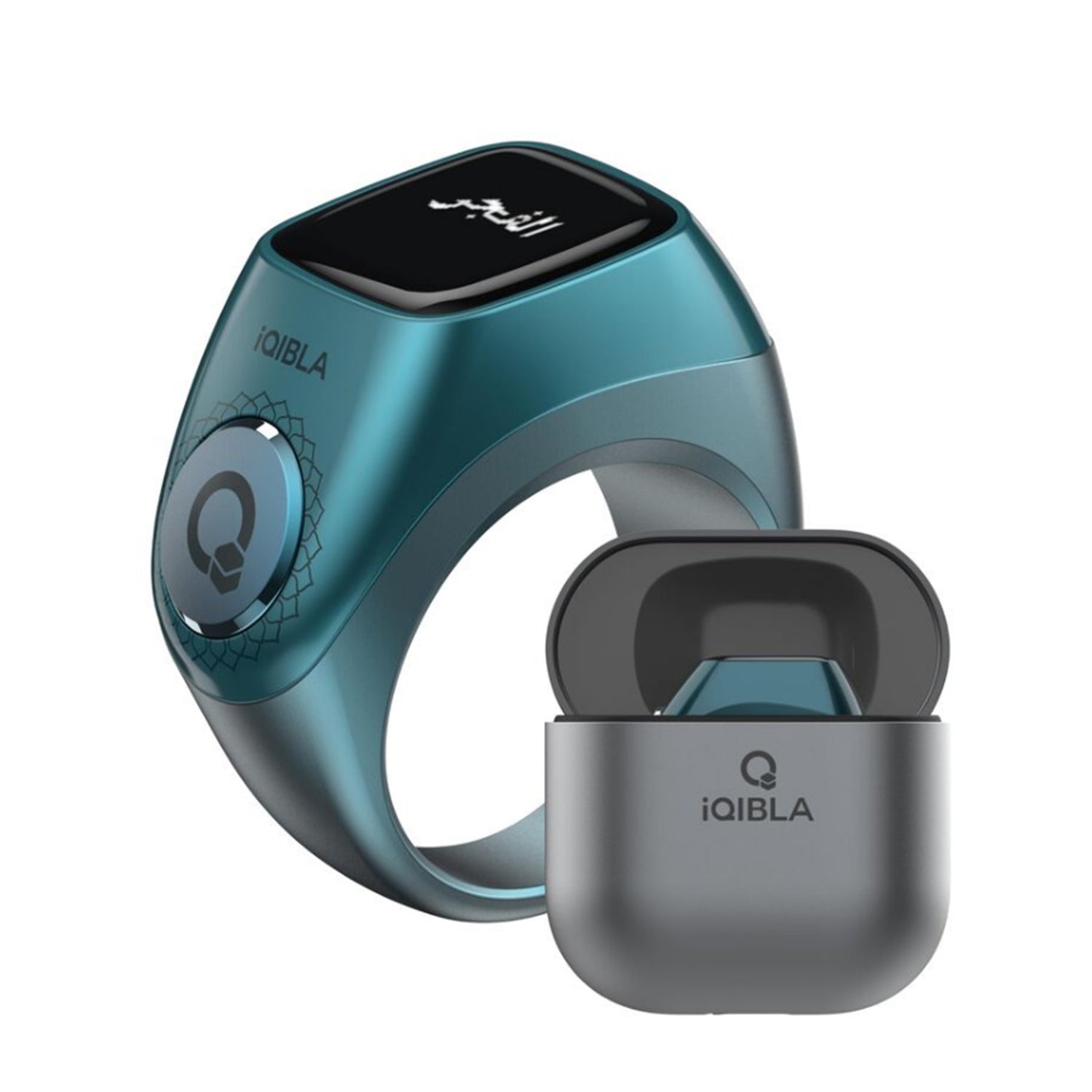 Ocean teal iQibla Flex Pro dhikr ring with digital screen and matching magnetic charging case – Islamic tasbeeh smart ring.