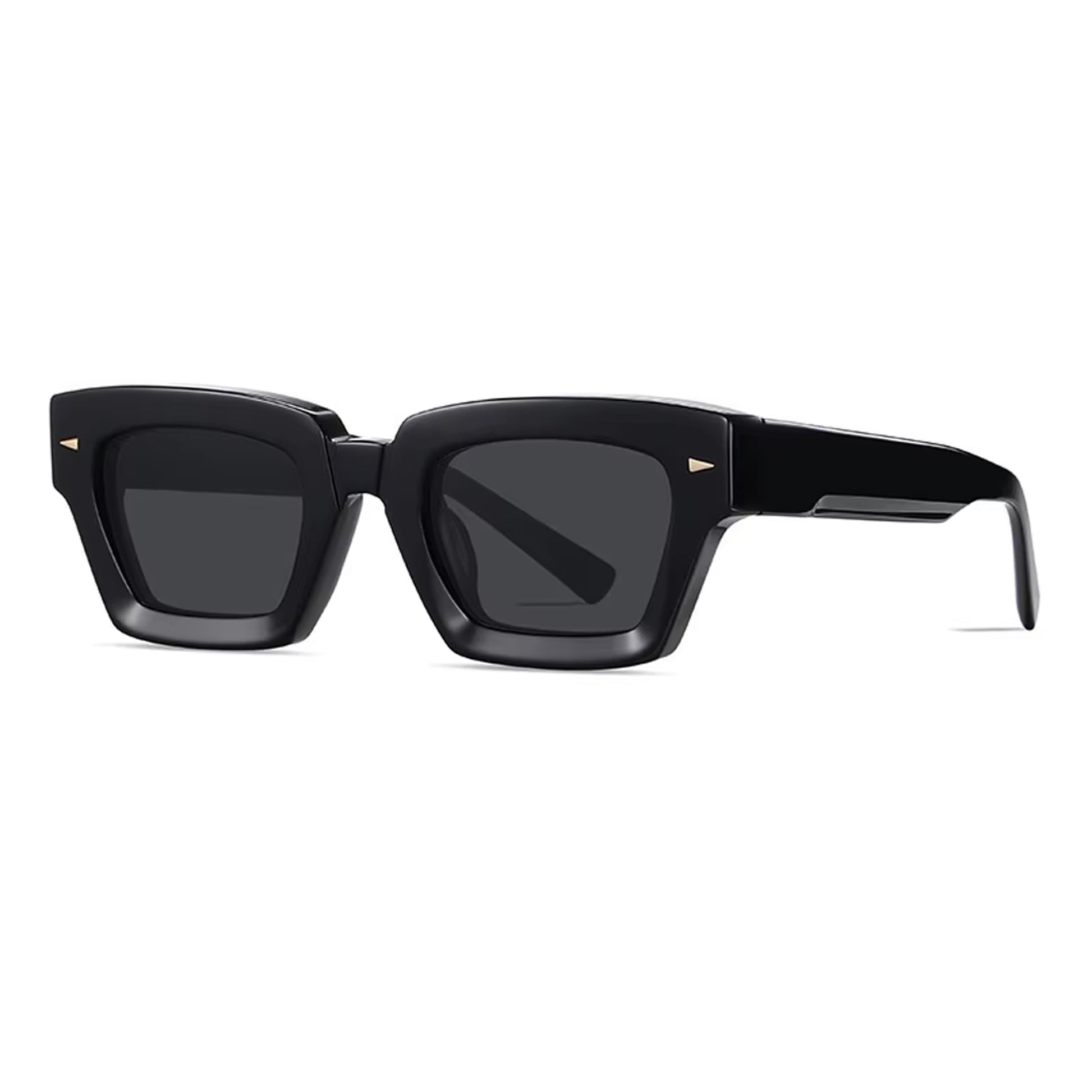 Chunky black high-fashion rectangular sunglasses with thick frames and minimalist gold accents – Noir Authority edition.