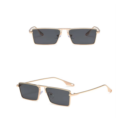 Gold metal frame square sunglasses with black lenses, luxury unisex style – Midnight Luxe edition.
