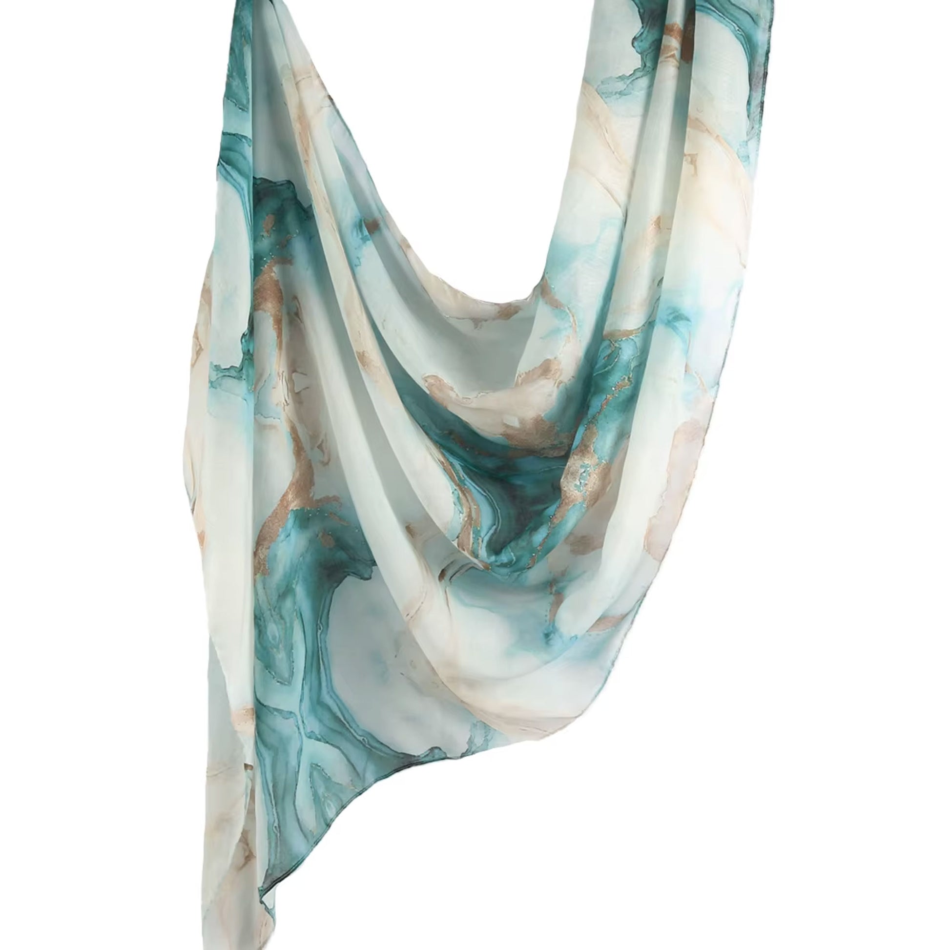Ocean-inspired printed cotton-modal hijab in a turquoise blend, softly draped and lightweight, ideal for modest fashion.
