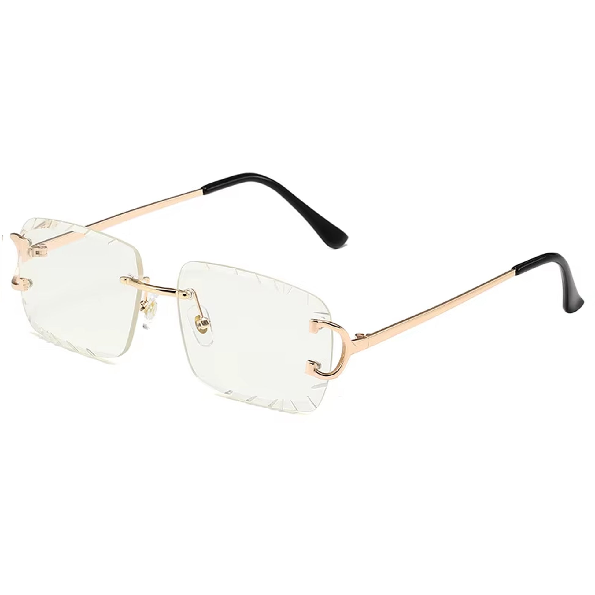 Vintage gold rimless sunglasses with engraved crystal-clear rectangular lenses and slim metal arms – Crystal Muse collection.