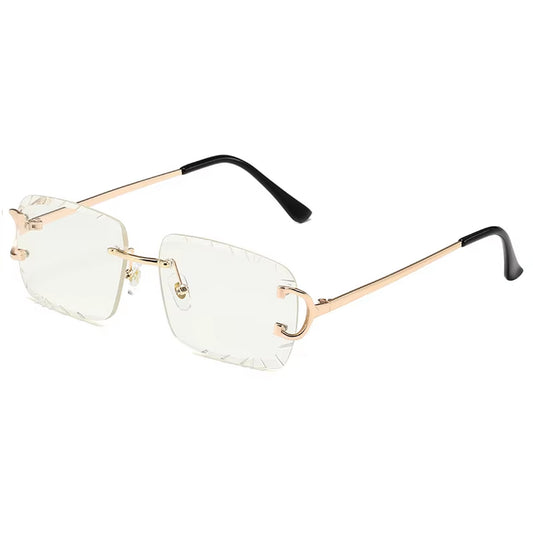 Vintage gold rimless sunglasses with engraved crystal-clear rectangular lenses and slim metal arms – Crystal Muse collection.