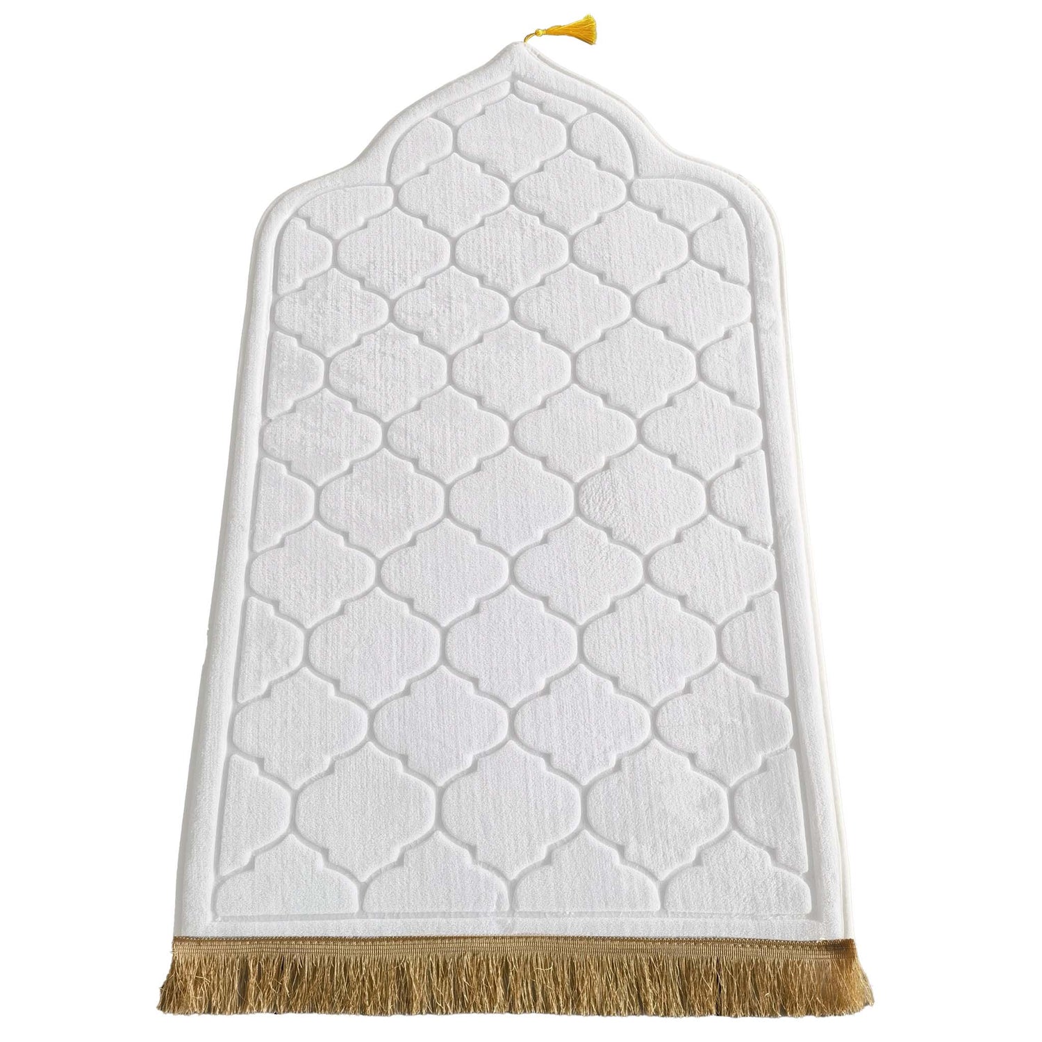 White quilted prayer mat named Noor with geometric embossed pattern and golden fringe, displayed against a white background.